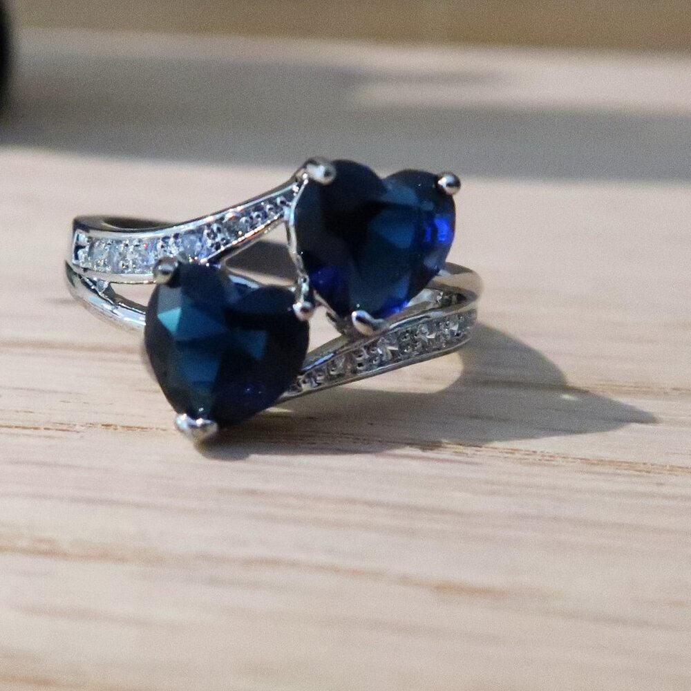 925 Two Blue Hearts Found Their Match Sterling Silver Love You Band Unisex Sz 7